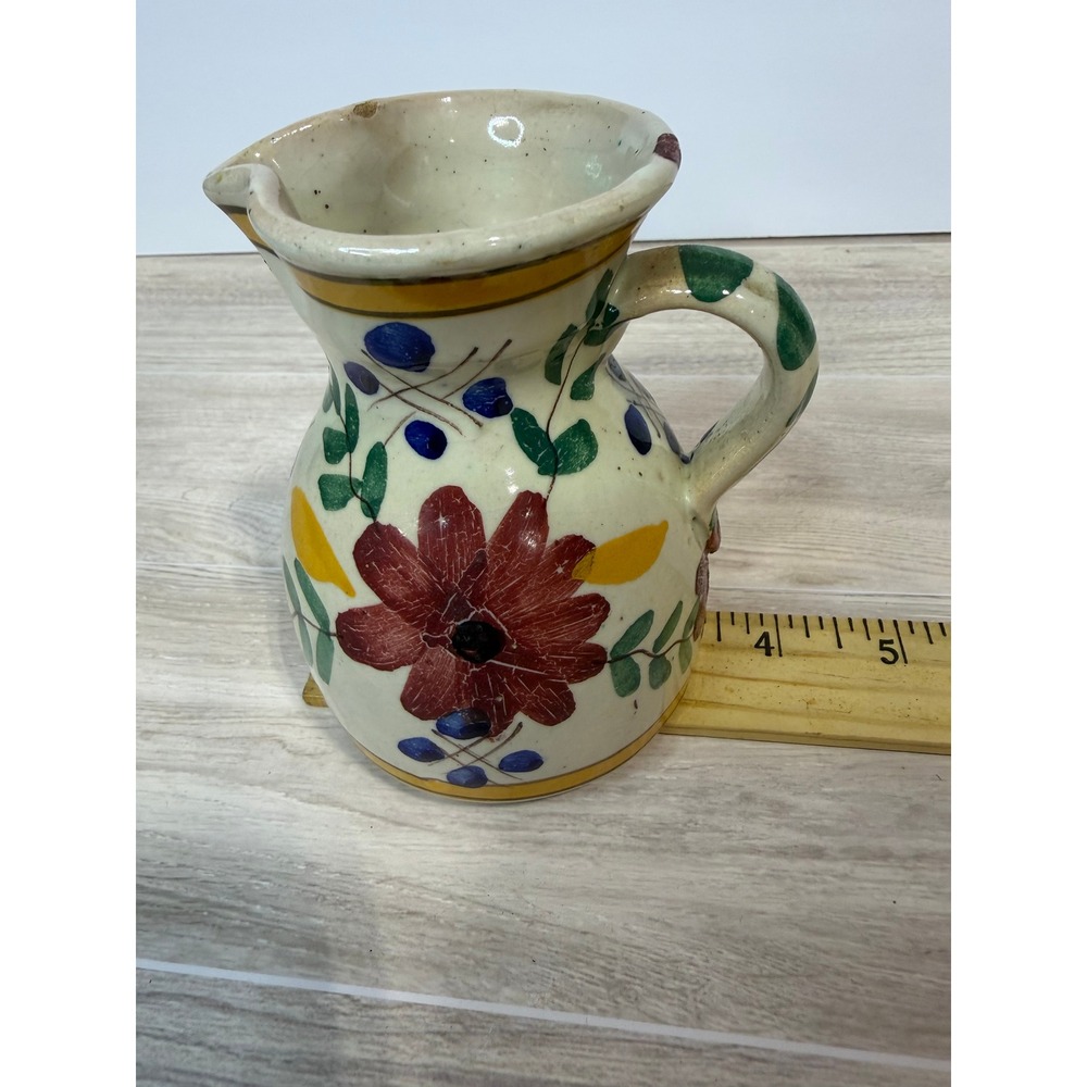 Vintage Viúva Lamego Portugal Hand Painted Floral Pottery Pitcher Artist A.S.